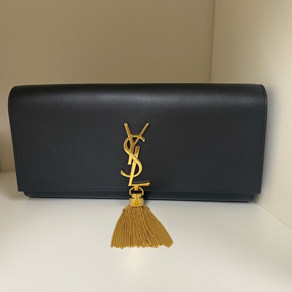 Saint Laurent Kate Tassel Monogramme Calfskin Leather Clutch Black Handbag